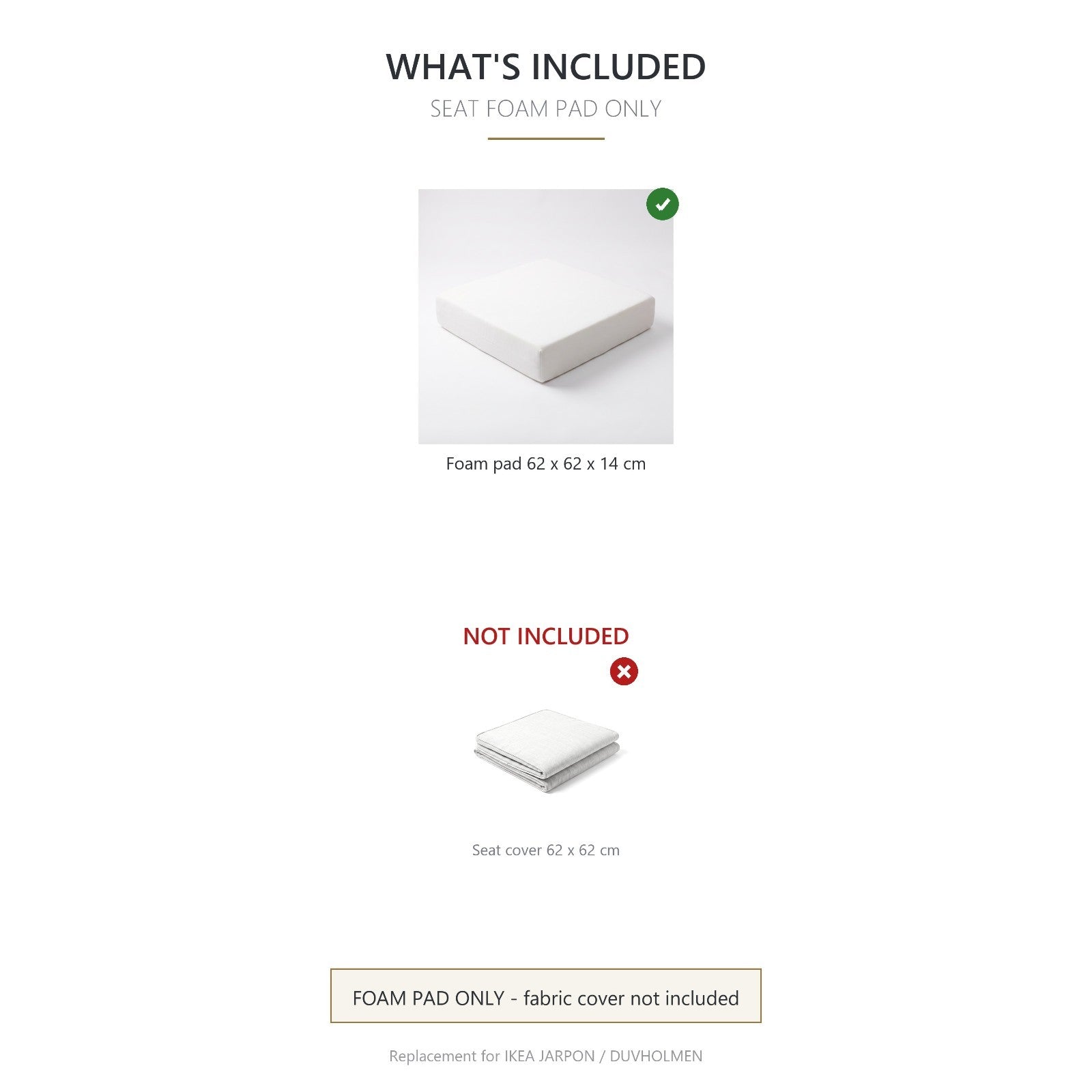 Seat Foam Pad 62x62x14 cm – Replacement for IKEA Duvholmen Outdoor Cushions