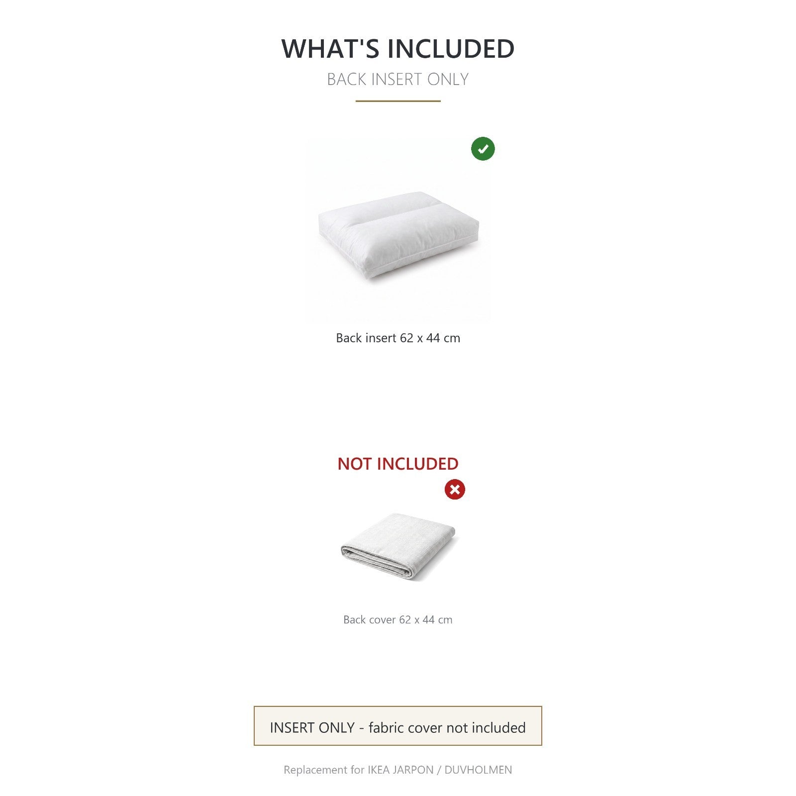 Back Cushion Insert 62x44 cm – Replacement for IKEA Duvholmen Outdoor Cushions