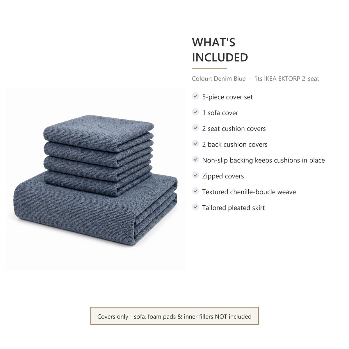 IKEA EKTORP 2 Seat Sofa Cover - 5-Piece Washable Slipcover Set, Denim Blue Chenille-Bouclé