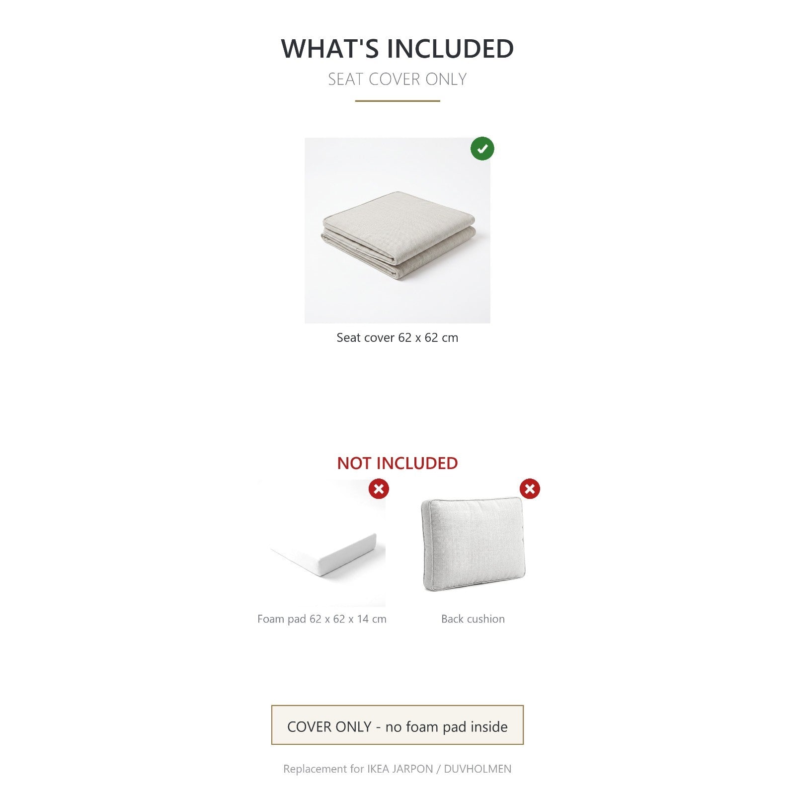 Outdoor Seat Cushion Cover 62x62 cm – Fits IKEA Frösön Duvholmen – Pebble