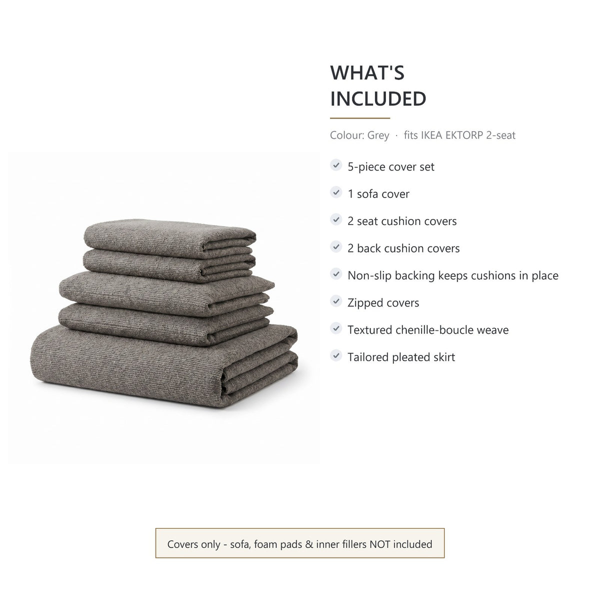 IKEA EKTORP 2 Seat Sofa Cover - 5-Piece Washable Slipcover Set, Grey Chenille-Bouclé