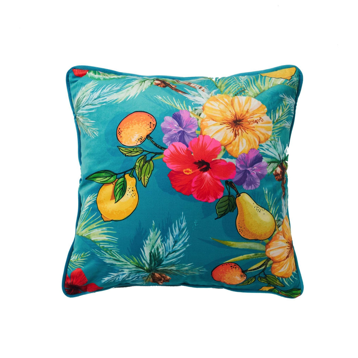 Tropical velvet cushion cover 50x50 cm with teal hibiscus, lemon and pear print and teal piped edge