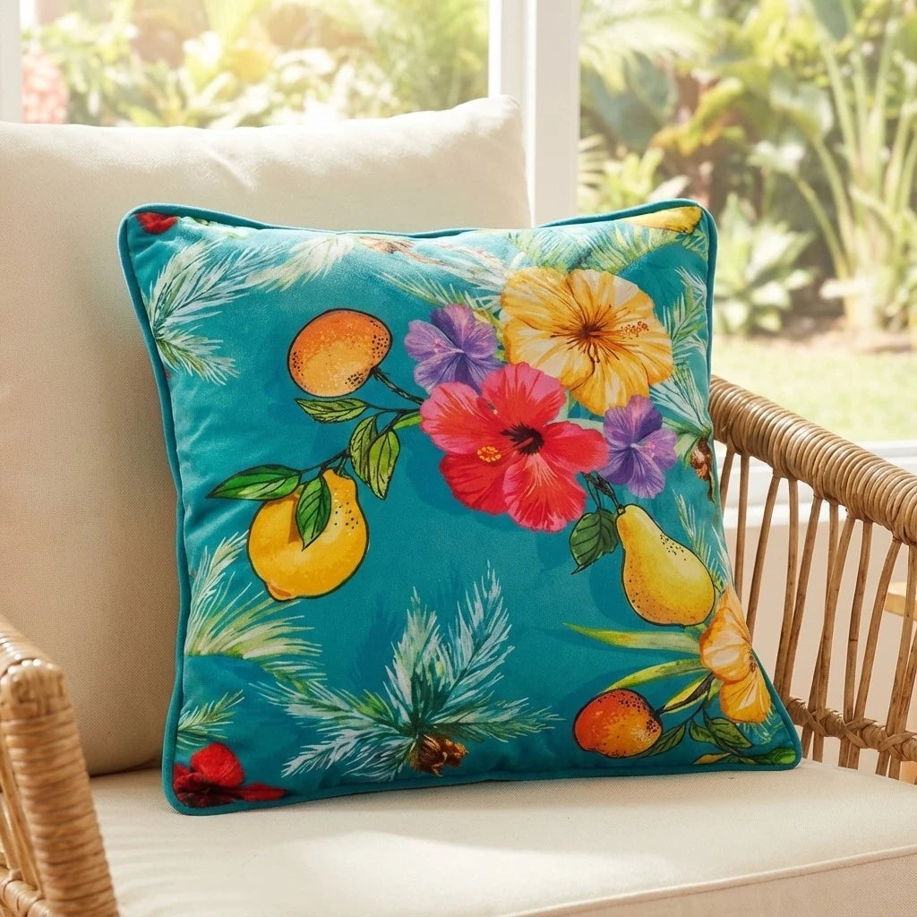 Velvet tropical cushion cover on a rattan armchair in a sunny garden room