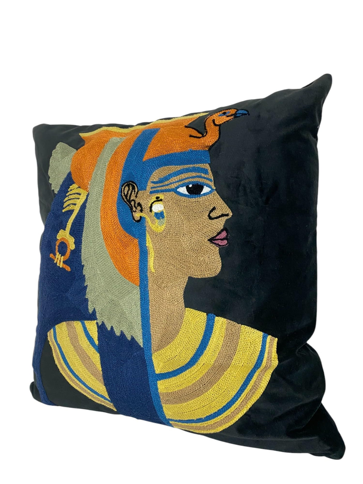 Cleopatra embroidered velvet cushion cover 50x50 cm, black with a stitched Egyptian queen portrait