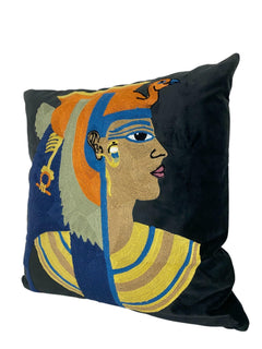 Cleopatra embroidered velvet cushion cover 50x50 cm, black with a stitched Egyptian queen portrait