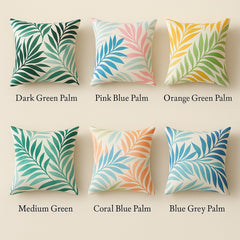 Tropical palm leaf cushion cover colour range — green, blue, coral and multicolour options