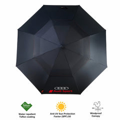 Audi umbrella features — windproof fibreglass ribs, auto open and anti-UV canopy