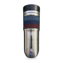 BMW M Motorsport thermos mug in brushed stainless steel with the M colour grip band and black push-button lid