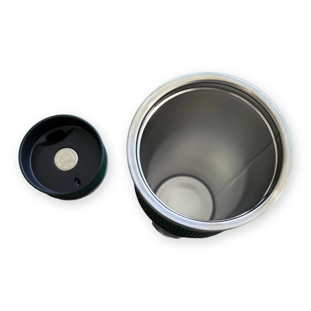 BMW M Motorsport travel mug with the lid off, showing the stainless steel interior