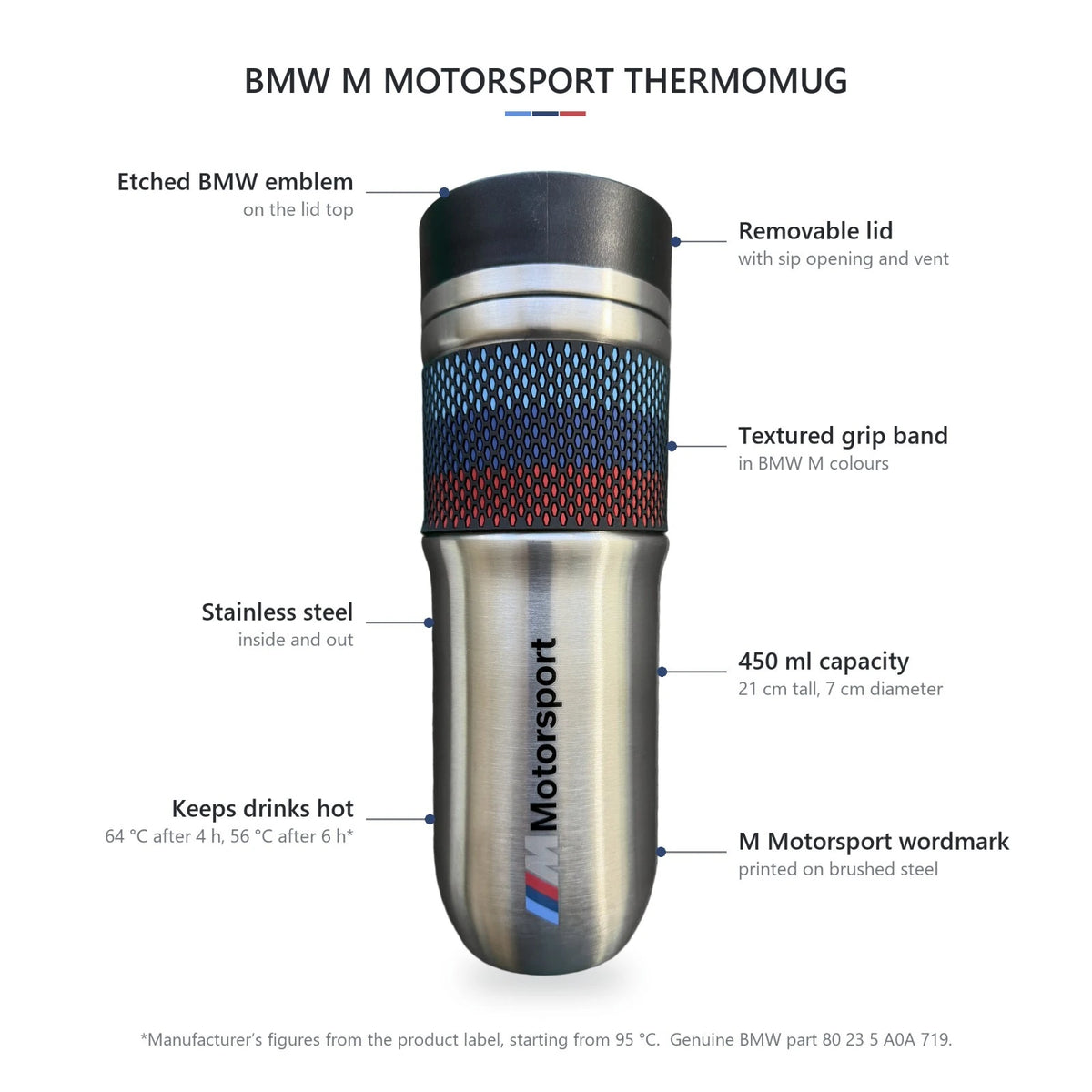 BMW M Motorsport Thermomug features: etched emblem, removable lid and 450 ml capacity