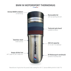 BMW M Motorsport Thermomug features: etched emblem, removable lid and 450 ml capacity