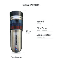 BMW thermos mug size guide: 450 ml capacity, 21 cm tall and 7 cm diameter