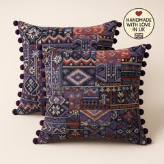 Boho patchwork cushion covers, set of 2 in Purple Brown — pom-pom trim, 50 cm bohemian scatter pillows