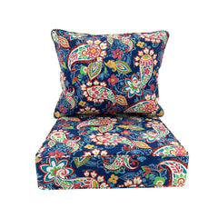 Navy paisley floral outdoor cushion set: 62 x 62 cm seat and back cushions with piped edges