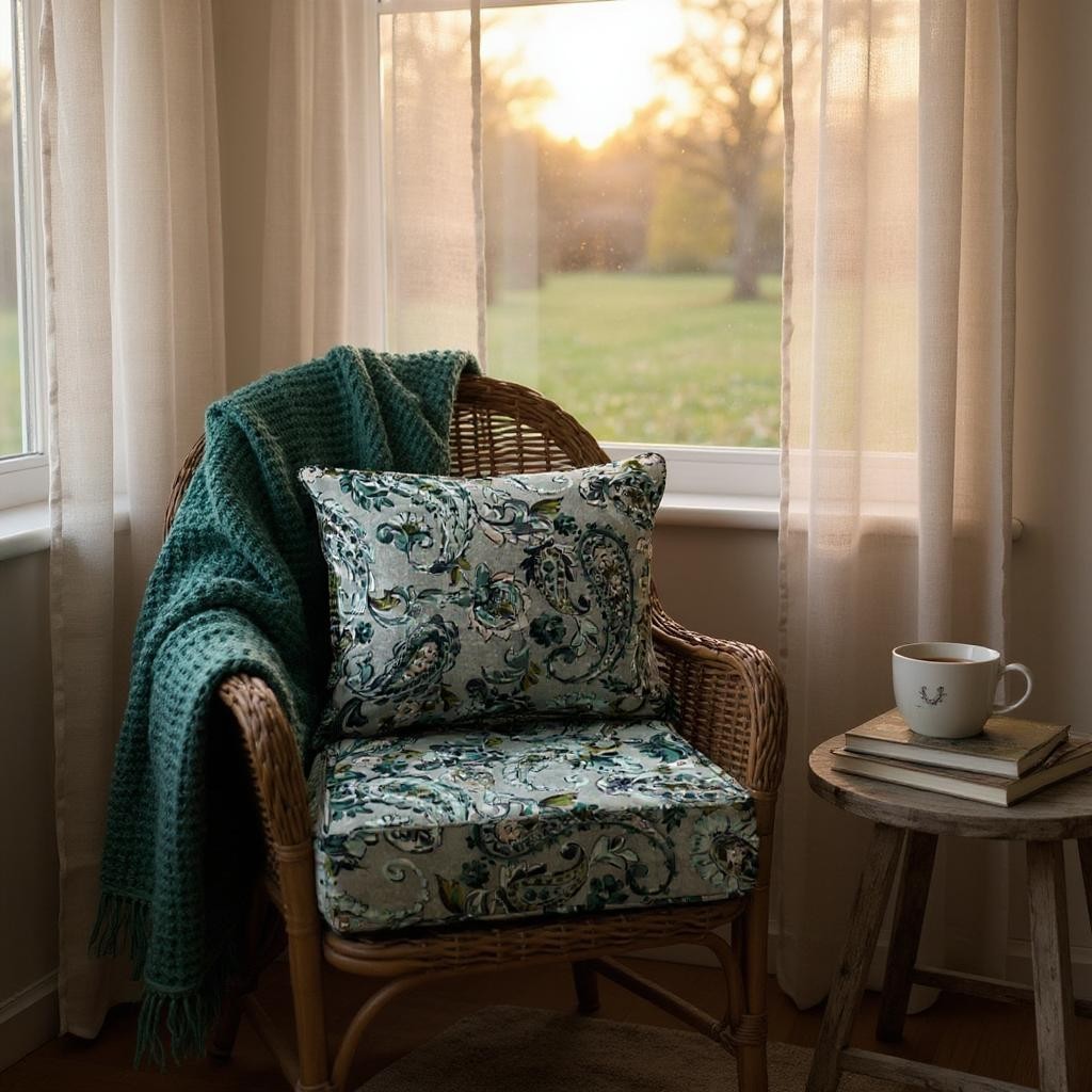 Paisley floral outdoor cushion set on a wicker chair by a window with a green throw