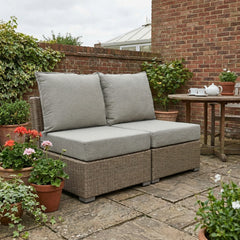 Two neutral grey outdoor cushion sets on rattan modular chairs on a brick-walled patio