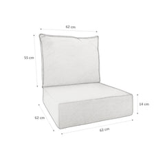 Outdoor cushion set dimensions drawing: 62 x 62 x 14 cm seat and 62 x 55 cm back cushion