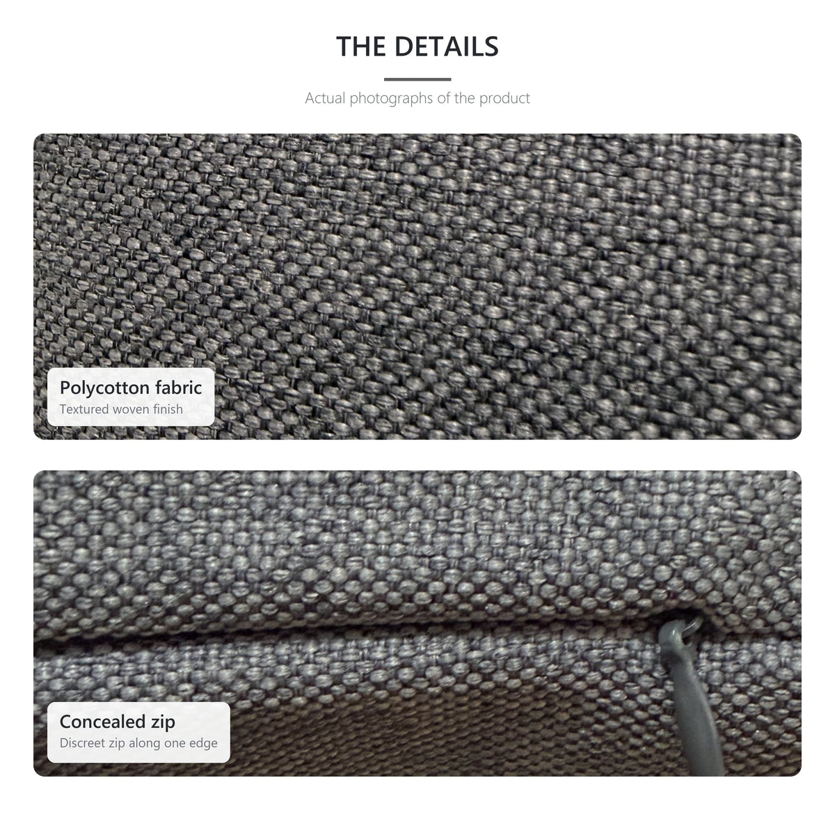 Close-up of the grey polycotton weave and concealed zip on the lumbar cushion cover