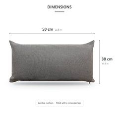 Grey lumbar cushion dimensions graphic, 58 x 30 cm (22.8 x 11.8 in) with the concealed zip