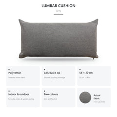 Grey lumbar cushion feature panel: polycotton fabric and concealed zip in a 58 x 30 cm size