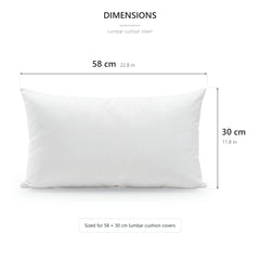 Lumbar cushion insert dimensions graphic, 58 x 30 cm (22.8 x 11.8 in), sized for the cover
