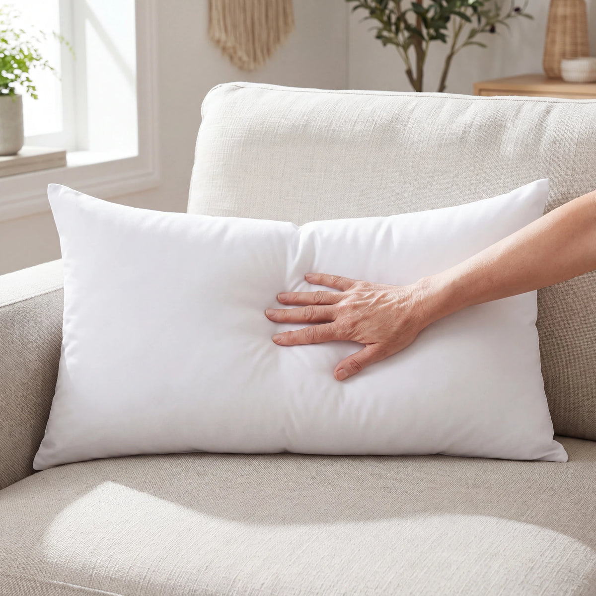 Lumbar cushion insert pressed by hand to show its medium-soft hollow-fibre filling