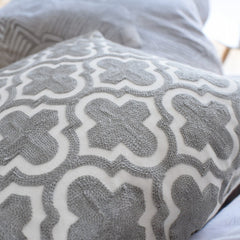 Grey & White Moroccan-pattern cushion covers — elegant embroidered cotton, pair
