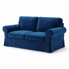 IKEA Ektorp 2 seater sofa cover in blue plush velvet, three-quarter view with pleated skirt and rolled arms
