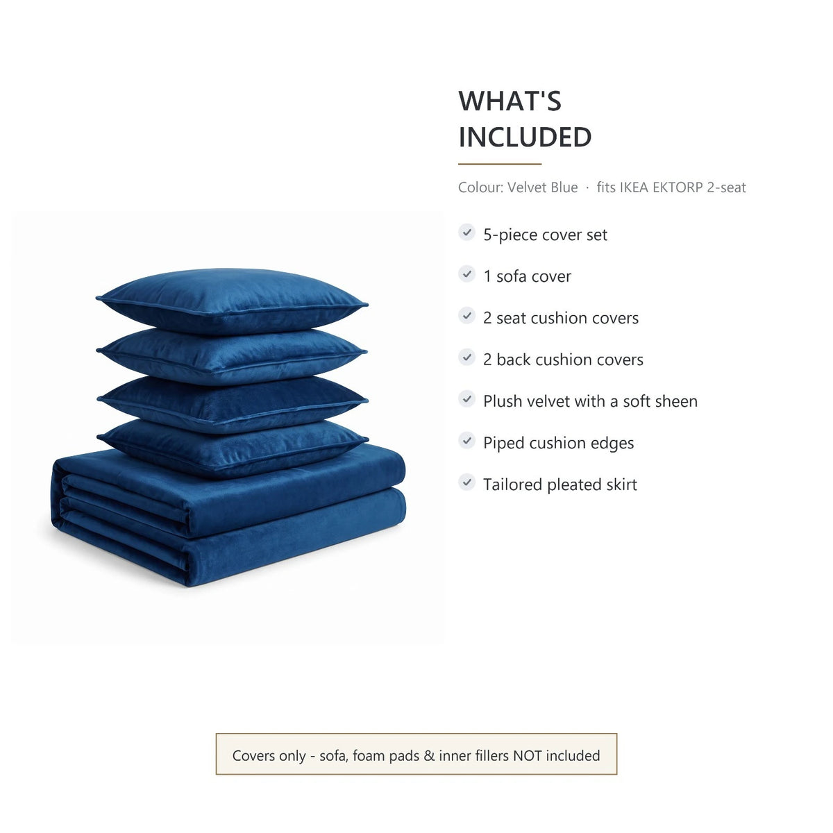 What comes in the blue velvet Ektorp sofa cover set: sofa cover plus 2 seat and 2 back cushion covers