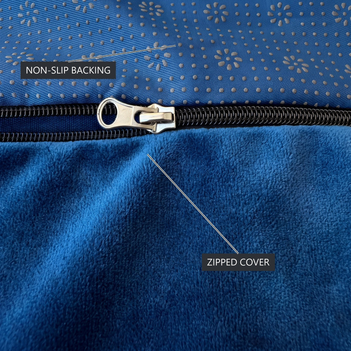 Blue velvet Ektorp cushion cover zip and grip-dot non-slip backing that holds the cushions in place