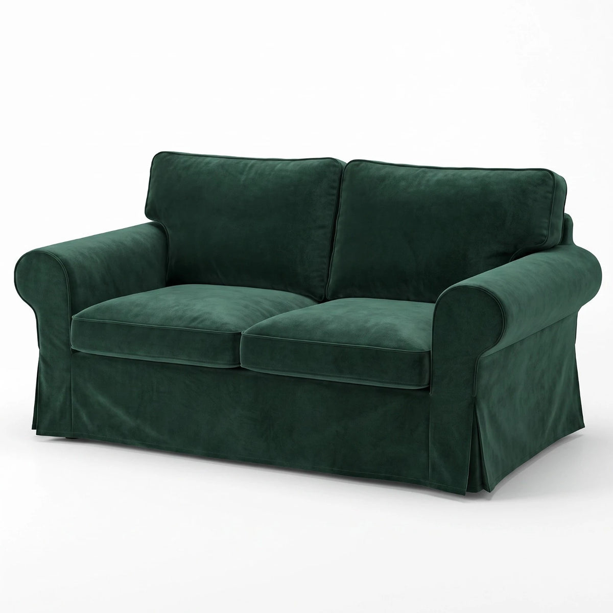 IKEA Ektorp 2 seater sofa cover in bottle green plush velvet, three-quarter view with pleated skirt and rolled arms