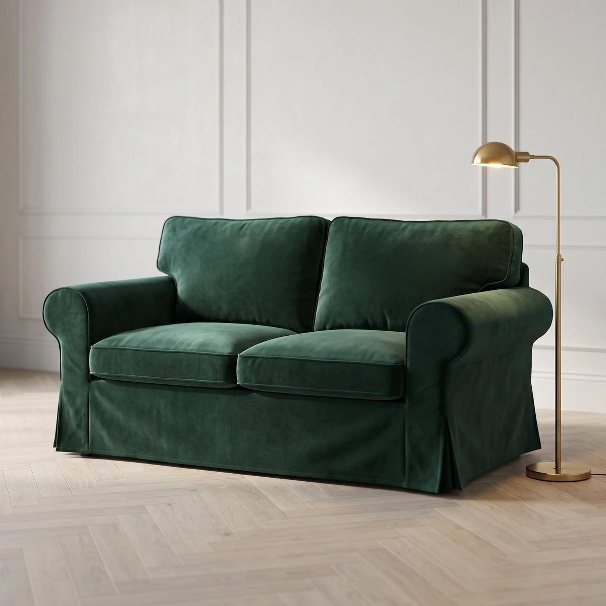 Bottle Green velvet IKEA Ektorp slipcover on a 2 seater sofa in a panelled living room with a brass floor lamp