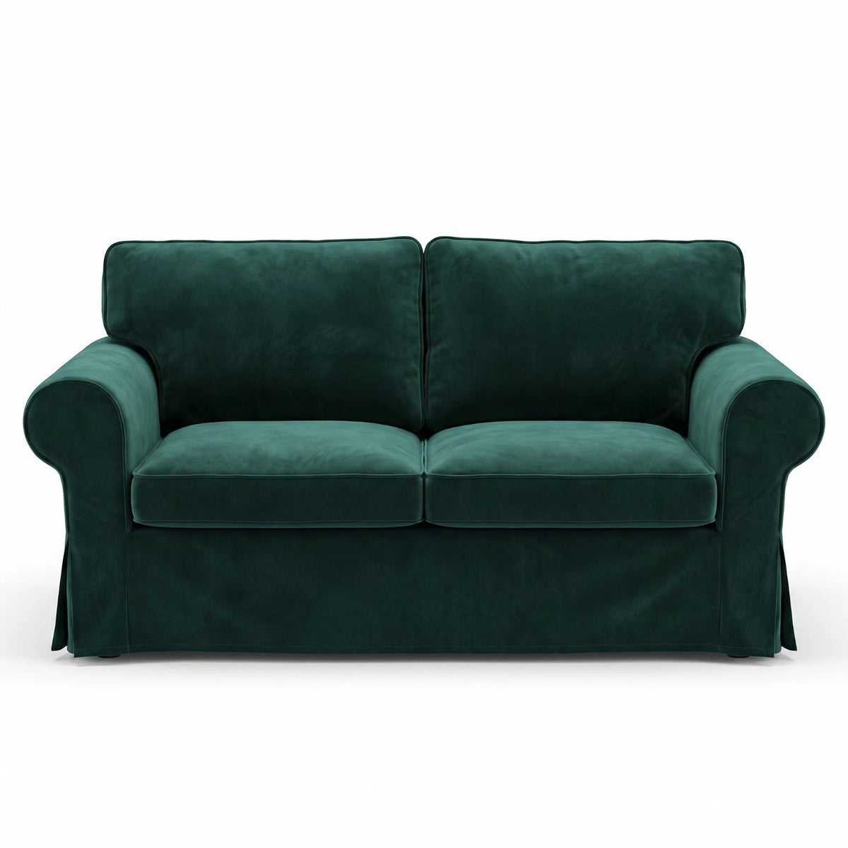 Front view of the bottle green velvet Ektorp 2 seater sofa cover with two seat and two back cushion covers