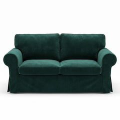 Front view of the bottle green velvet Ektorp 2 seater sofa cover with two seat and two back cushion covers