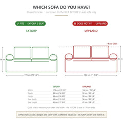 Ektorp sofa cover fit chart: made for the IKEA EKTORP 2 seat at 179 cm, not the 182 cm UPPLAND