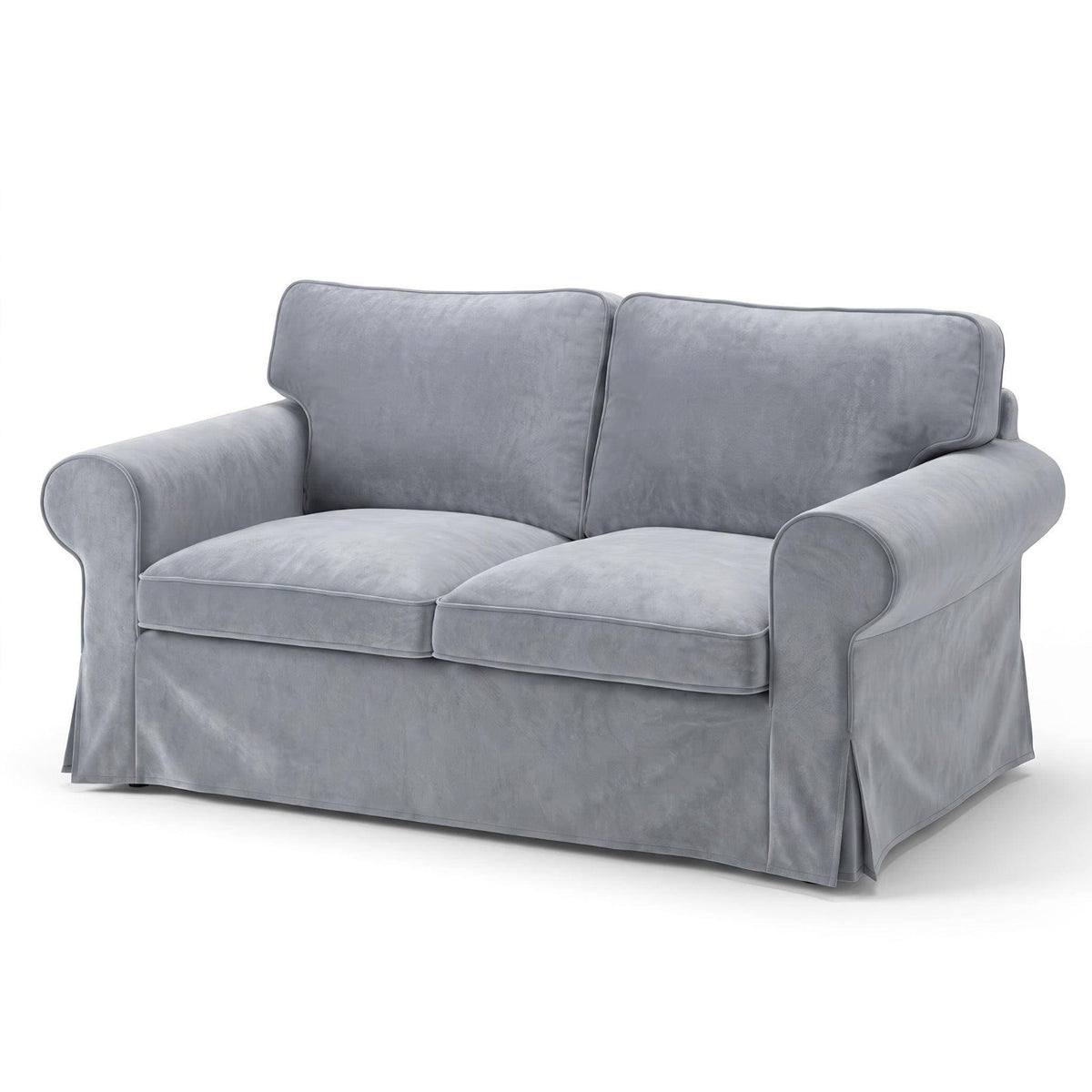 IKEA Ektorp 2 seater sofa cover in grey plush velvet, three-quarter view with pleated skirt and rolled arms