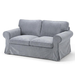 IKEA Ektorp 2 seater sofa cover in grey plush velvet, three-quarter view with pleated skirt and rolled arms