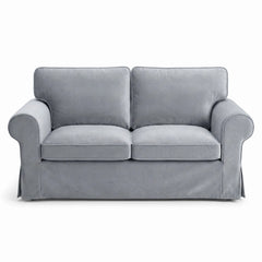 Front view of the grey velvet Ektorp 2 seater sofa cover with two seat and two back cushion covers