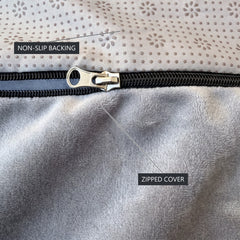Grey velvet Ektorp cushion cover zip and grip-dot non-slip backing that holds the cushions in place