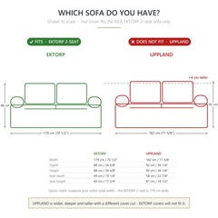 Ektorp sofa cover fit chart: made for the IKEA EKTORP 2 seat at 179 cm, not the 182 cm UPPLAND