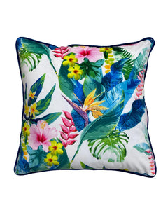 Ivory Floral cushion cover from the set, with blue tropical leaves, pink hibiscus and navy piping