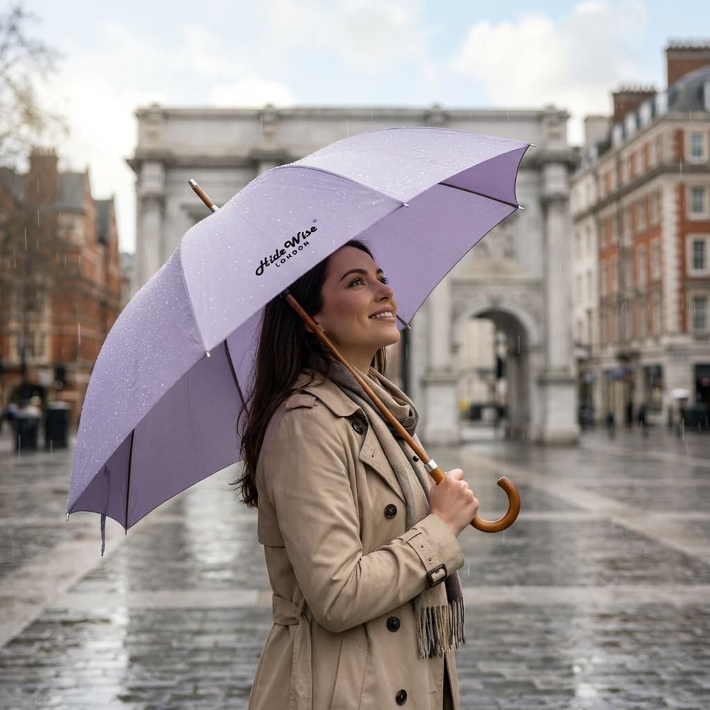 Hidewise London Walking Umbrella Lilac — Wood Crook Handle, Windproof 8-Rib Auto-Open Stick Brolly Gift