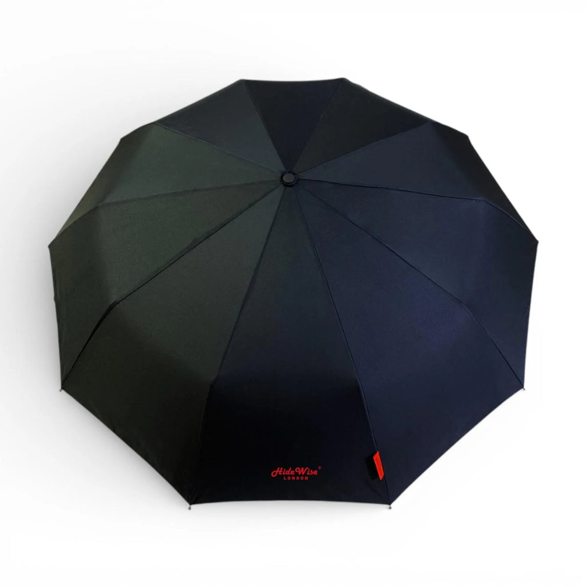 Black compact umbrella seen from above, showing the 10-panel canopy and HideWise London logo