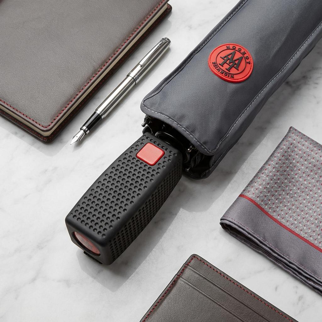 Grey compact folding umbrella in its sleeve, showing the textured handle and red automatic button