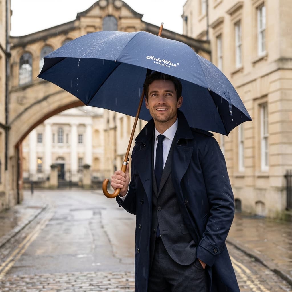 Hidewise London Walking Umbrella Navy Blue — Wood Crook Handle, Windproof 8-Rib Auto-Open Stick Brolly Gift