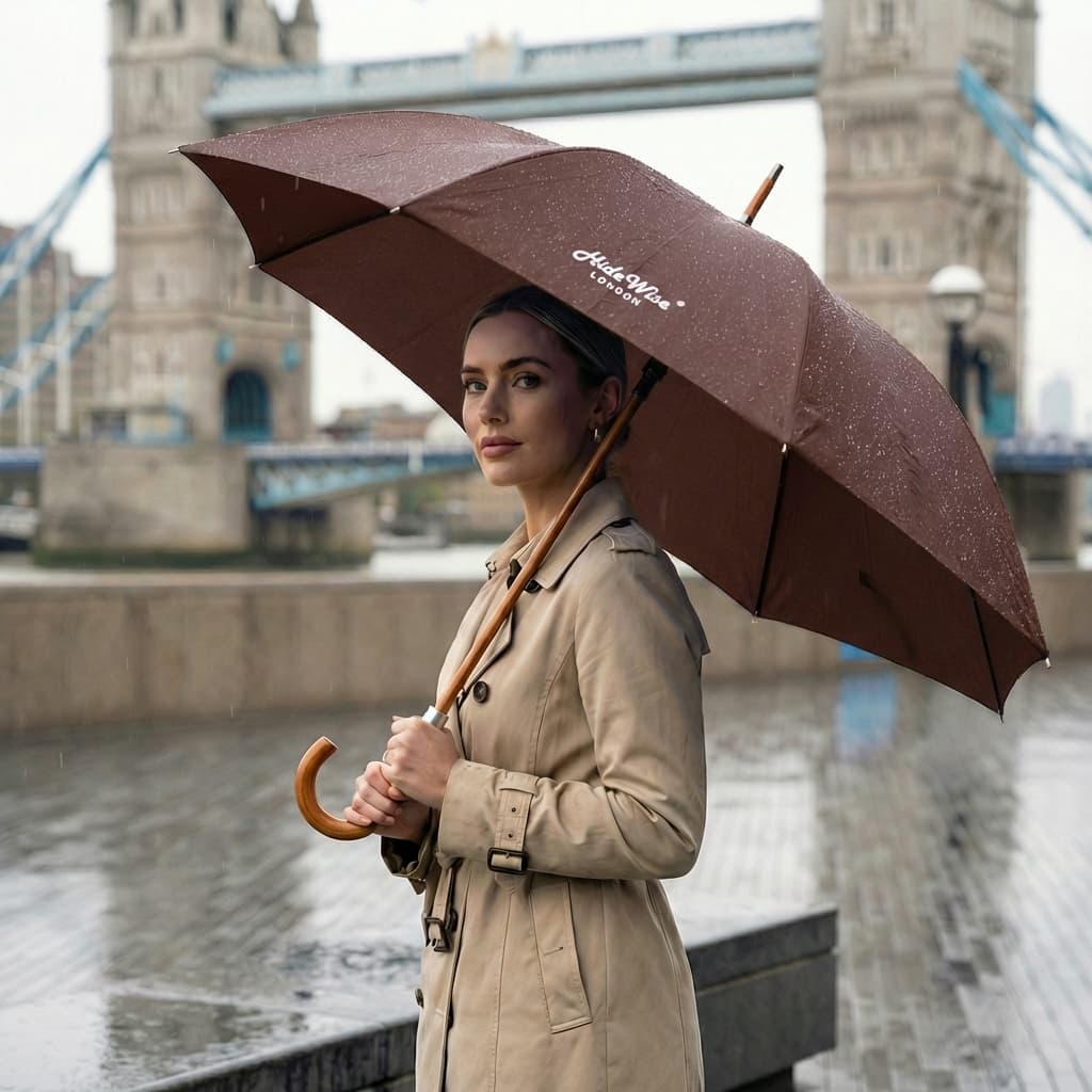Hidewise London Walking Umbrella Brown — Wood Crook Handle, Windproof 8-Rib Auto-Open Stick Brolly Gift