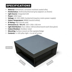 Outdoor LED pillar light specification sheet with 10W power, IP65 rating and 250 × 250 × 150 mm size