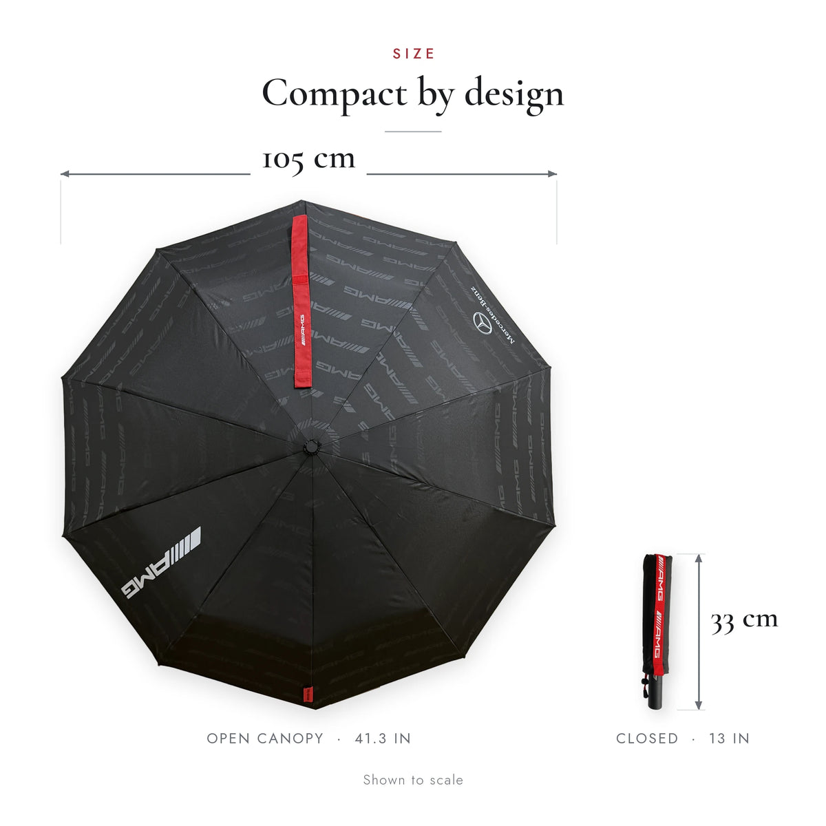 Mercedes-AMG compact folding umbrella size: 105 cm open canopy, 33 cm closed, shown to scale