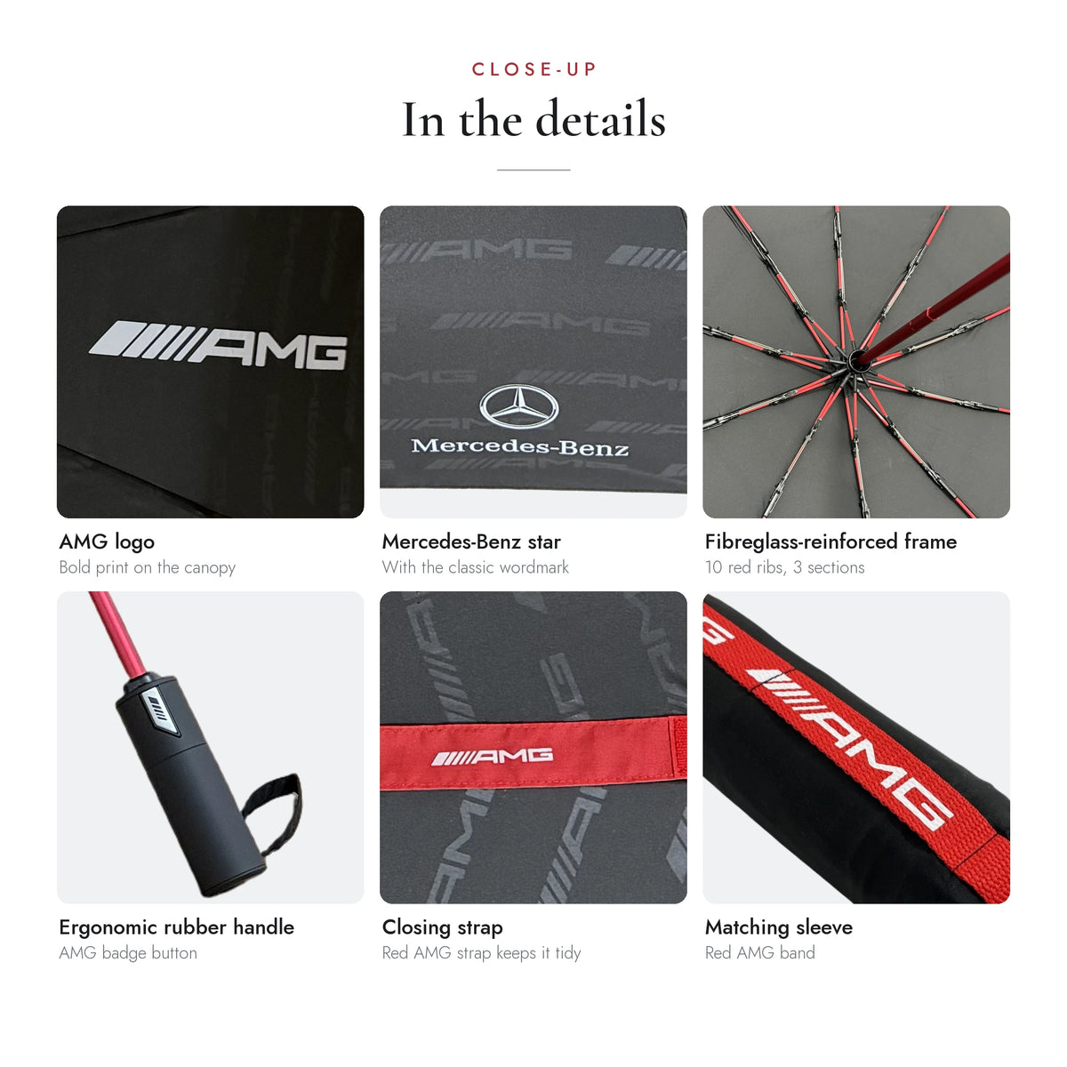 Close-up of the Mercedes-AMG umbrella: AMG logo and Mercedes-Benz star on the canopy, red ribs, rubber handle and AMG sleeve