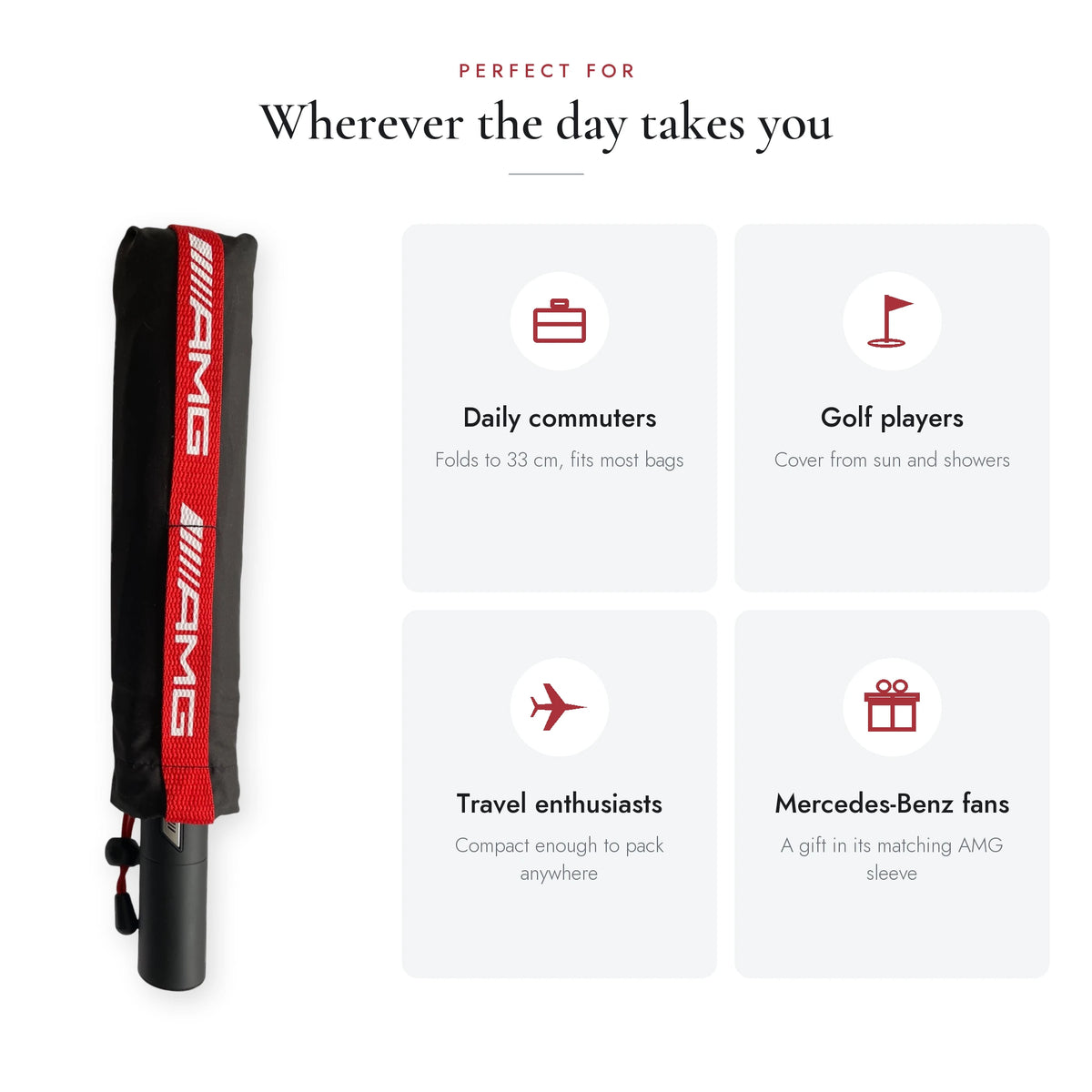 Mercedes-AMG compact umbrella in its matching AMG sleeve, a gift for Mercedes-Benz fans, commuters, golfers and travellers